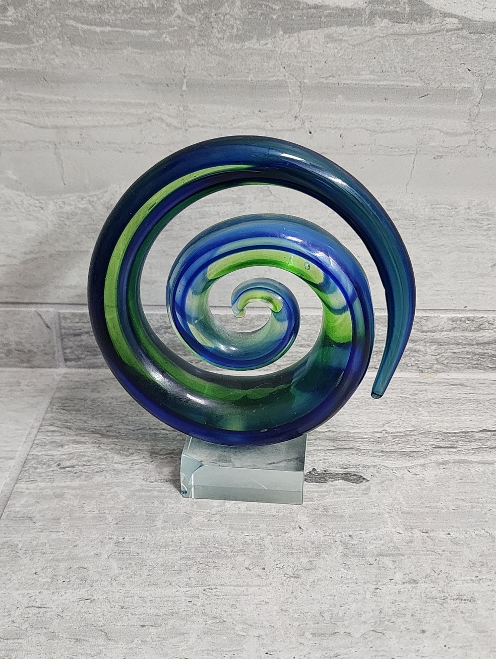 Hand-Blown Spiral Glass Sculpture in Blue & Green
